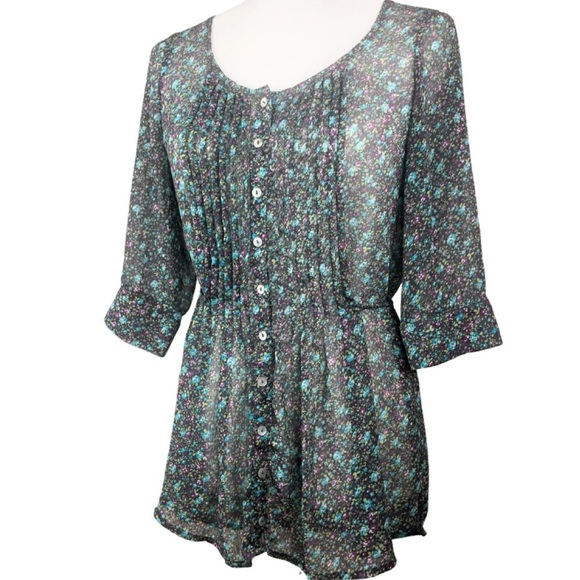 Sound & Matter Women’s Cottagecore Floral Button Down Sheer 3/4 Sleeve Blouse - Picture 5 of 16